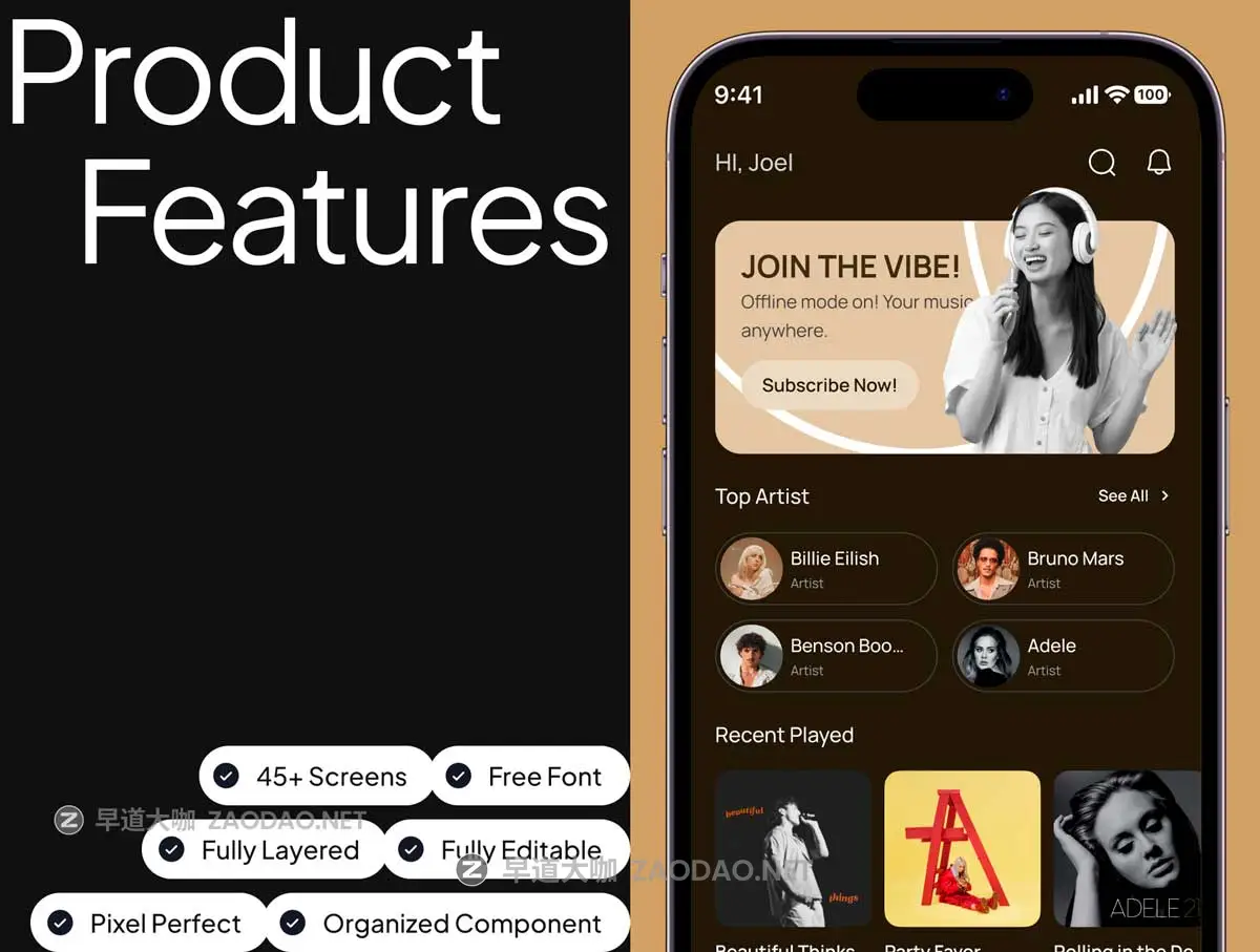 45屏双配色高级音乐播放器软件APP UI界面设计Figma模板套件素材 Music Player Mobile App UI Kit插图4 45屏双配色高级音乐播放器软件APP UI界面设计Figma模板套件素材 Music Player Mobile App UI Kit插图4