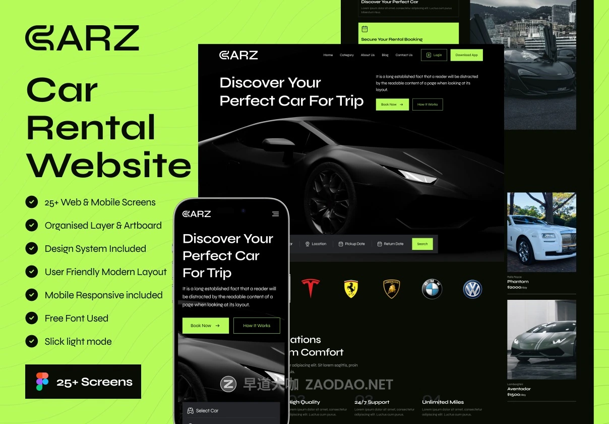 25屏暗黑风格响应式汽车租赁出租车网站WEB UI界面设计Figma模板套件素材 CARZ – Car Rental Website UI Kit插图 25屏暗黑风格响应式汽车租赁出租车网站WEB UI界面设计Figma模板套件素材 CARZ – Car Rental Website UI Kit插图