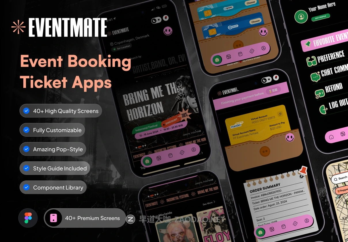 40+屏高级创意波普艺术足球篮球体育赛事票务预订购买APP UI界面设计Figma模板套件 Eventmate – Event Ticketing App插图 40+屏高级创意波普艺术足球篮球体育赛事票务预订购买APP UI界面设计Figma模板套件 Eventmate – Event Ticketing App插图