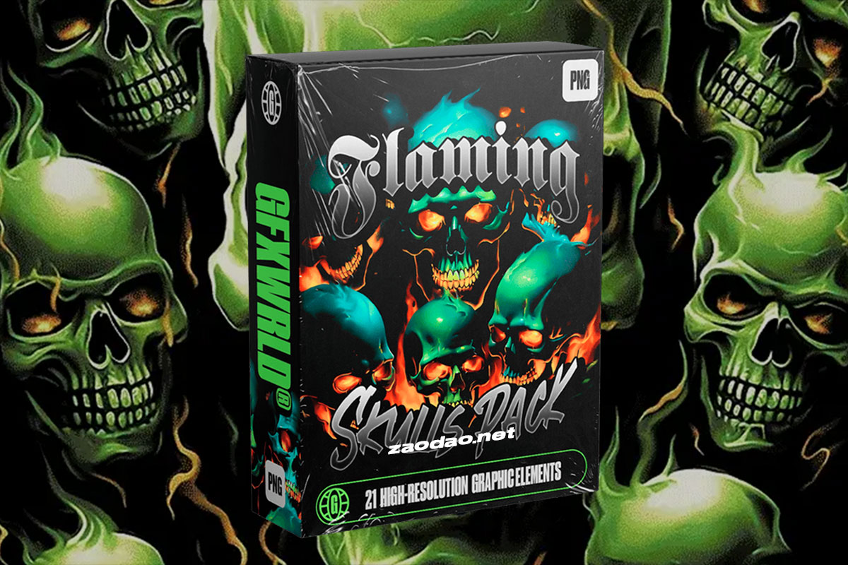 哥特恐怖暗黑地下嘻哈电音风格3D骷髅头骨PSD/PNG格式素材 GFXWRLD – FLAMING SKULLS PACK (VOL. I)插图