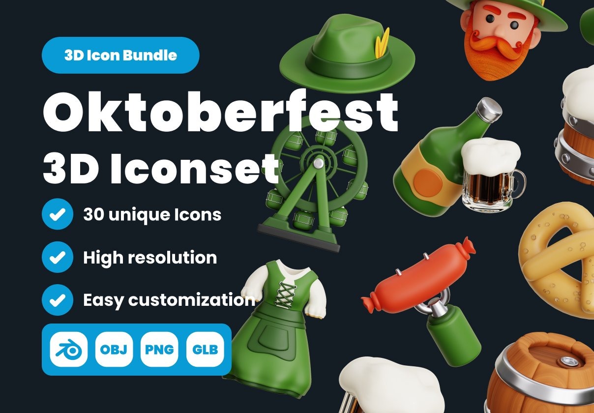 30款高级欧美风啤酒节3D立体插图图标Iocns设计blender/obj/png格式素材 Oktoberfest 3D Illustration Pack插图
