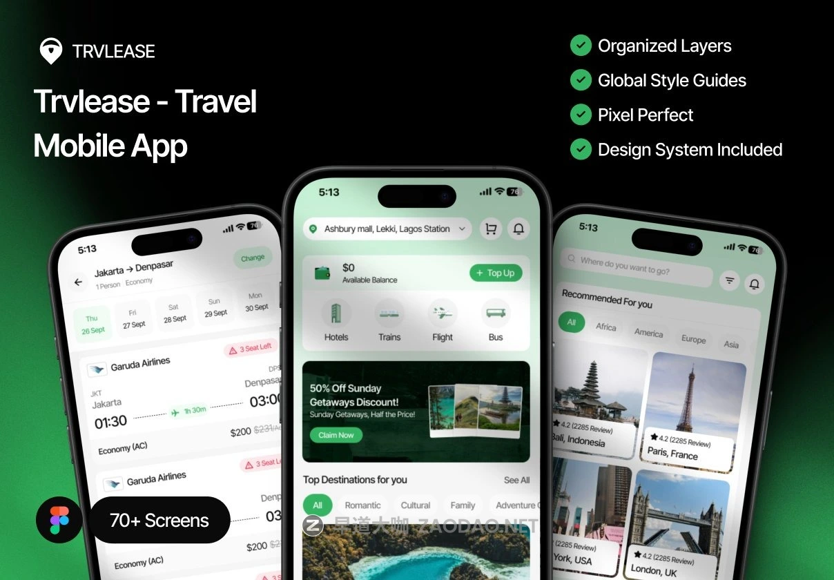 70+屏时尚旅游旅行社航班酒店路线预订APP UI界面设计Figma模板套件 TRVLEASE – Travel Mobile App UI Kit插图 70+屏时尚旅游旅行社航班酒店路线预订APP UI界面设计Figma模板套件 TRVLEASE – Travel Mobile App UI Kit插图