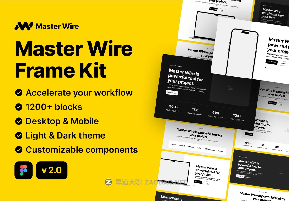 1200+屏双配色响应式网站WEB UI设计流程图线框图Figma格式素材 Wireframe Kit – Master Wire插图 1200+屏双配色响应式网站WEB UI设计流程图线框图Figma格式素材 Wireframe Kit – Master Wire插图