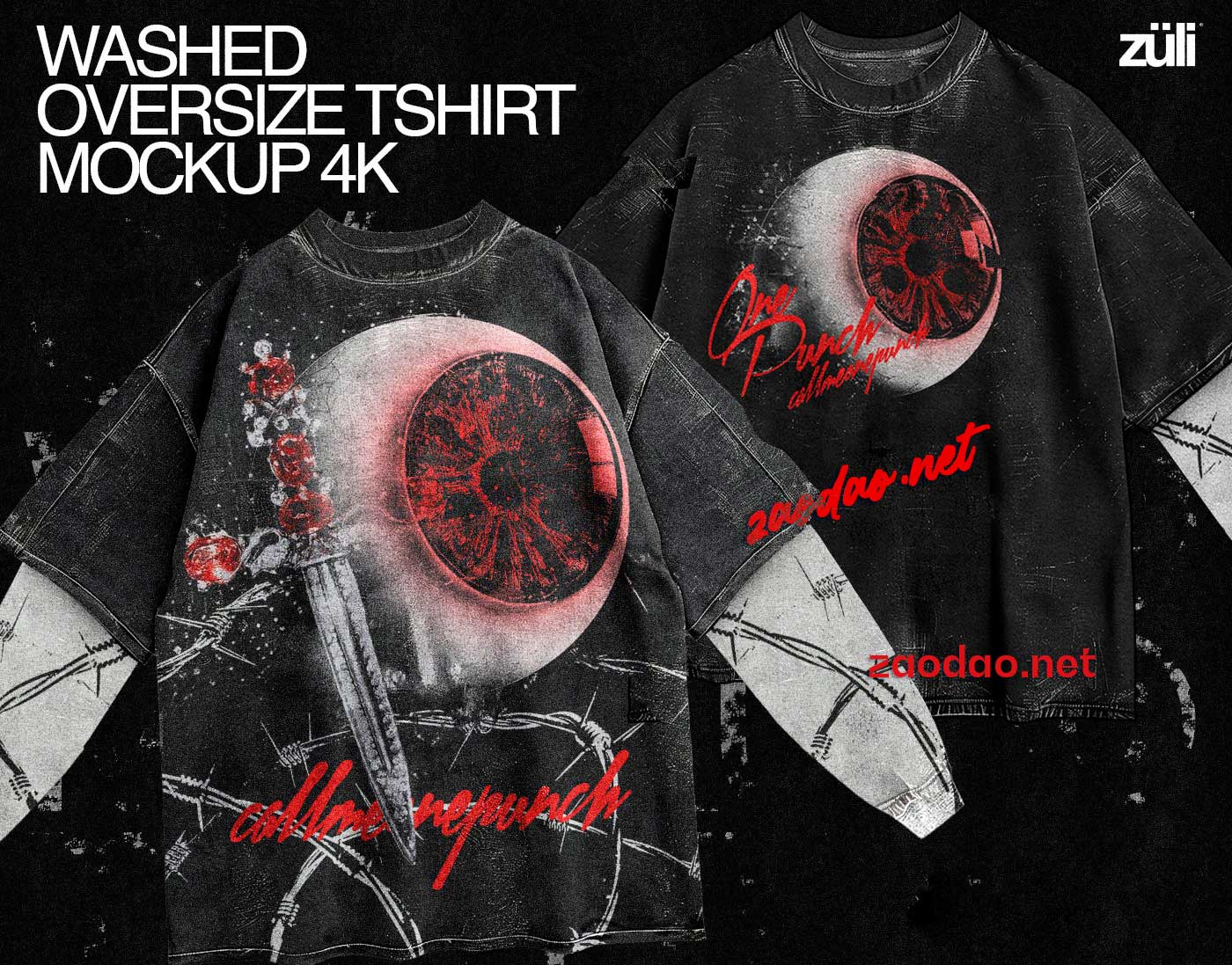 新潮前卫街头电音说唱风假两件圆领长袖套头T恤衫印花图案设计PS贴图样机模板 Realistic Oversize Washed T-Shirt Mockup 4k插图