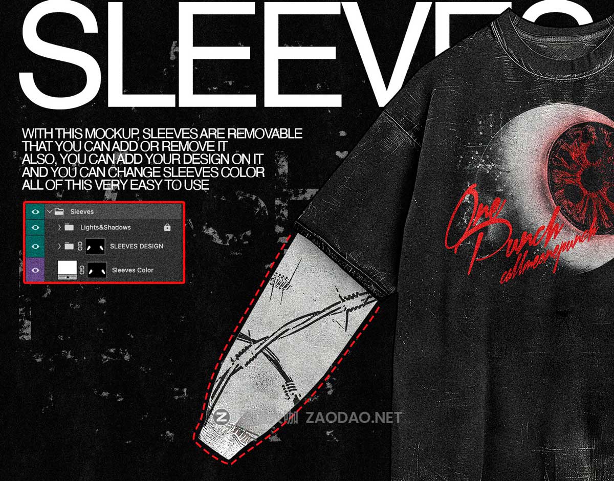 新潮前卫街头电音说唱风假两件圆领长袖套头T恤衫印花图案设计PS贴图样机模板 Realistic Oversize Washed T-Shirt Mockup 4k插图2