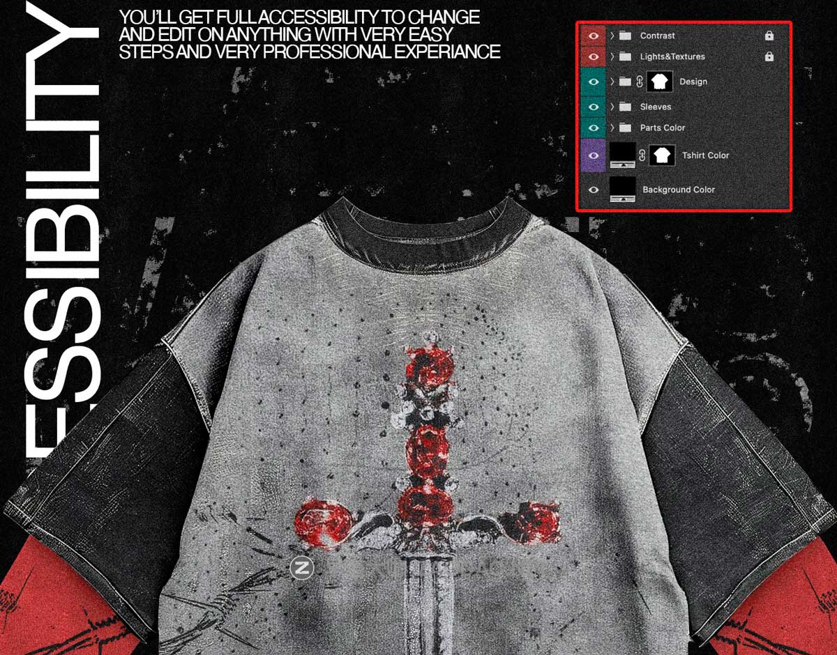 新潮前卫街头电音说唱风假两件圆领长袖套头T恤衫印花图案设计PS贴图样机模板 Realistic Oversize Washed T-Shirt Mockup 4k插图3