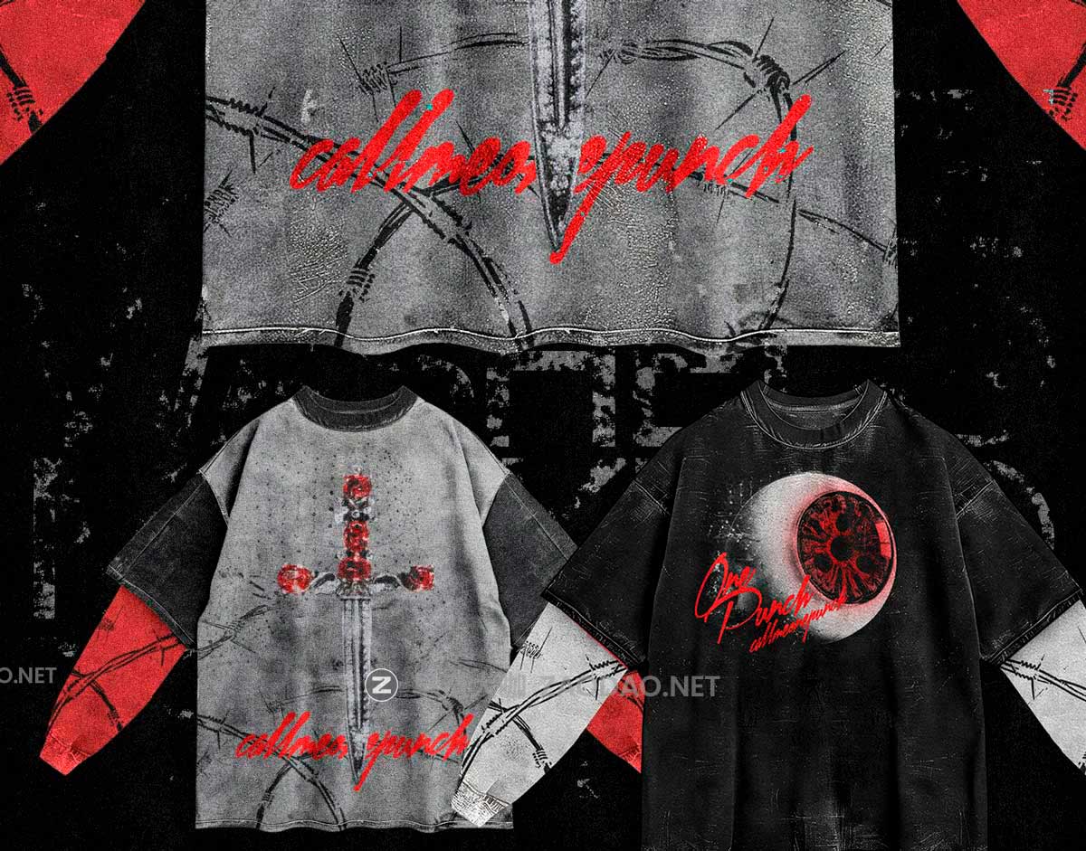 新潮前卫街头电音说唱风假两件圆领长袖套头T恤衫印花图案设计PS贴图样机模板 Realistic Oversize Washed T-Shirt Mockup 4k插图1