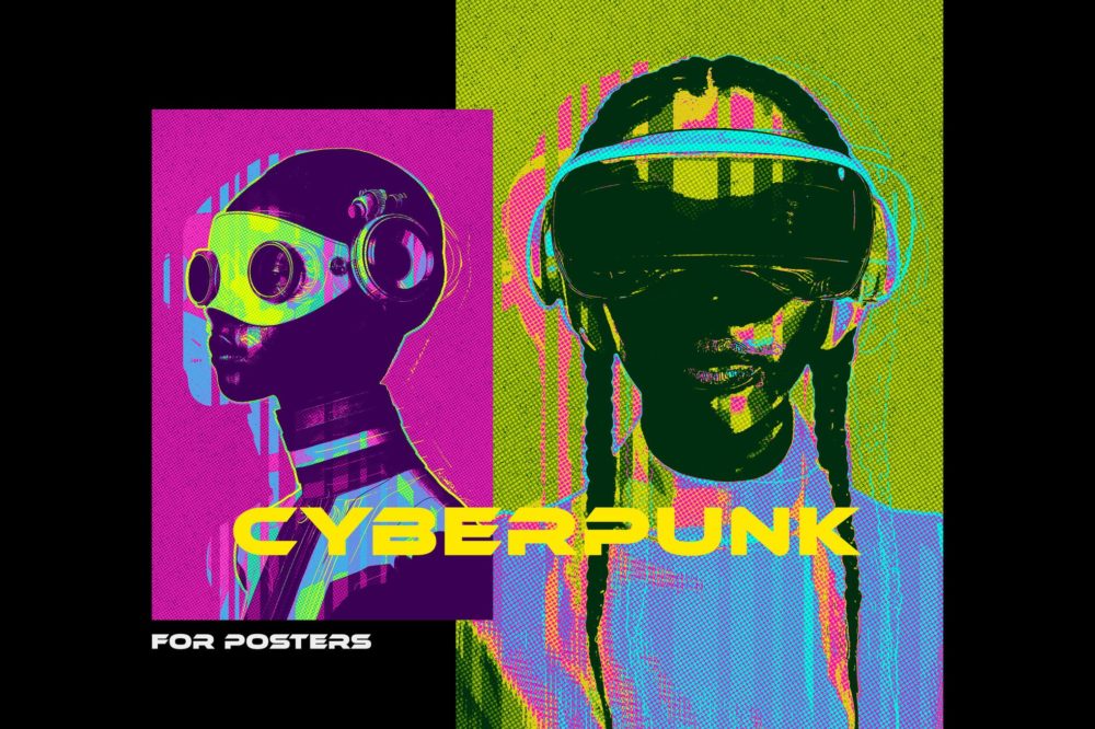 赛博朋克半色调未来科幻Riso打印海报照片效果PS特效滤镜样机 Cyberpunk Halftone Poster Photo Effect插图