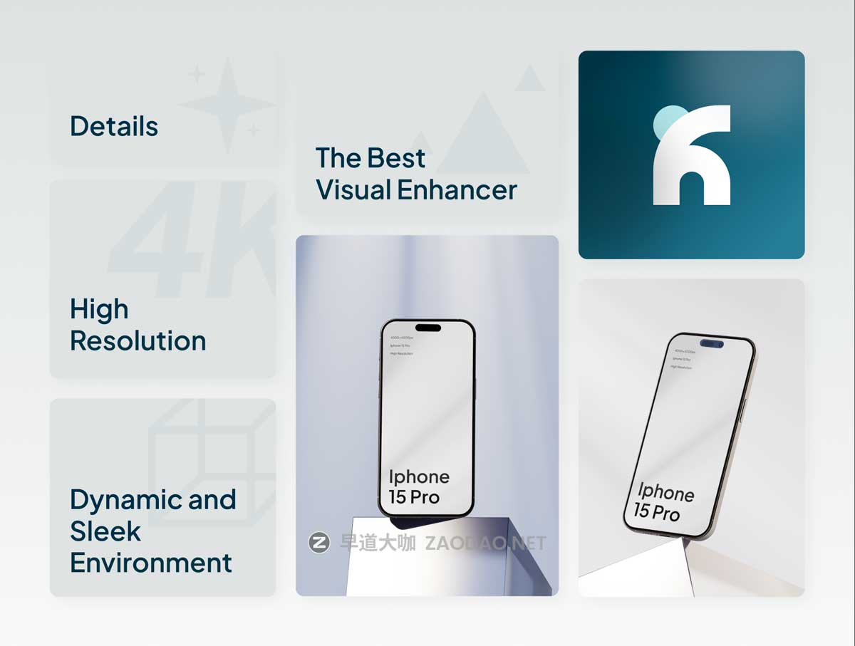 现代极简工业风UI界面设计展示苹果iPhone 15 Pro贴图PSD样机模板素材 Xotac – iPhone 15 Pro Minimalist Mockups插图1