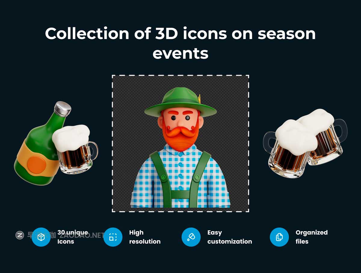 30款高级欧美风啤酒节3D立体插图图标Iocns设计blender/obj/png格式素材 Oktoberfest 3D Illustration Pack插图1