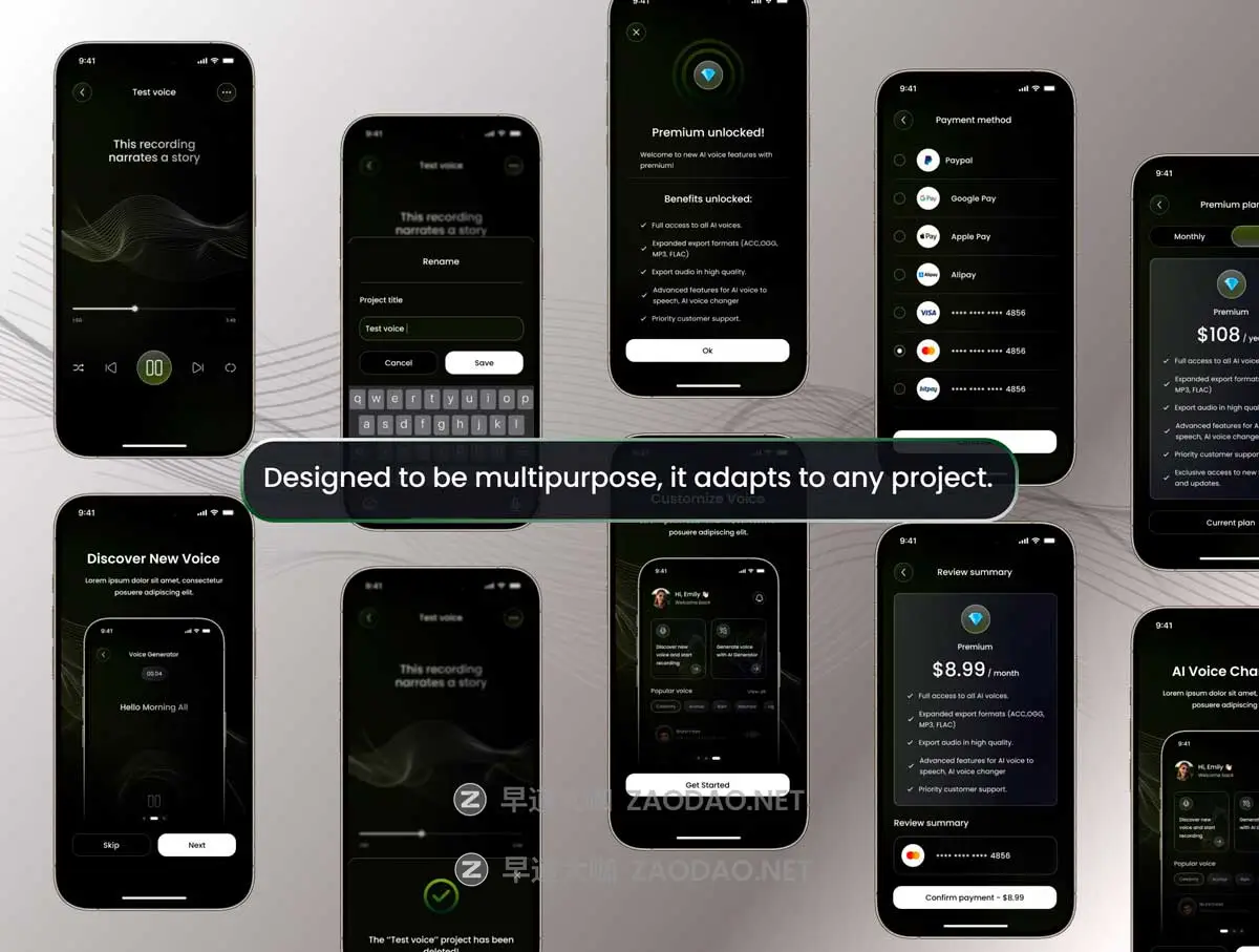 40+屏暗黑AI智能语音生成器翻译APP UI界面设计Figma模板套件 Voice Verse – AI Generator – UI Kit插图1 40+屏暗黑AI智能语音生成器翻译APP UI界面设计Figma模板套件 Voice Verse – AI Generator – UI Kit插图1