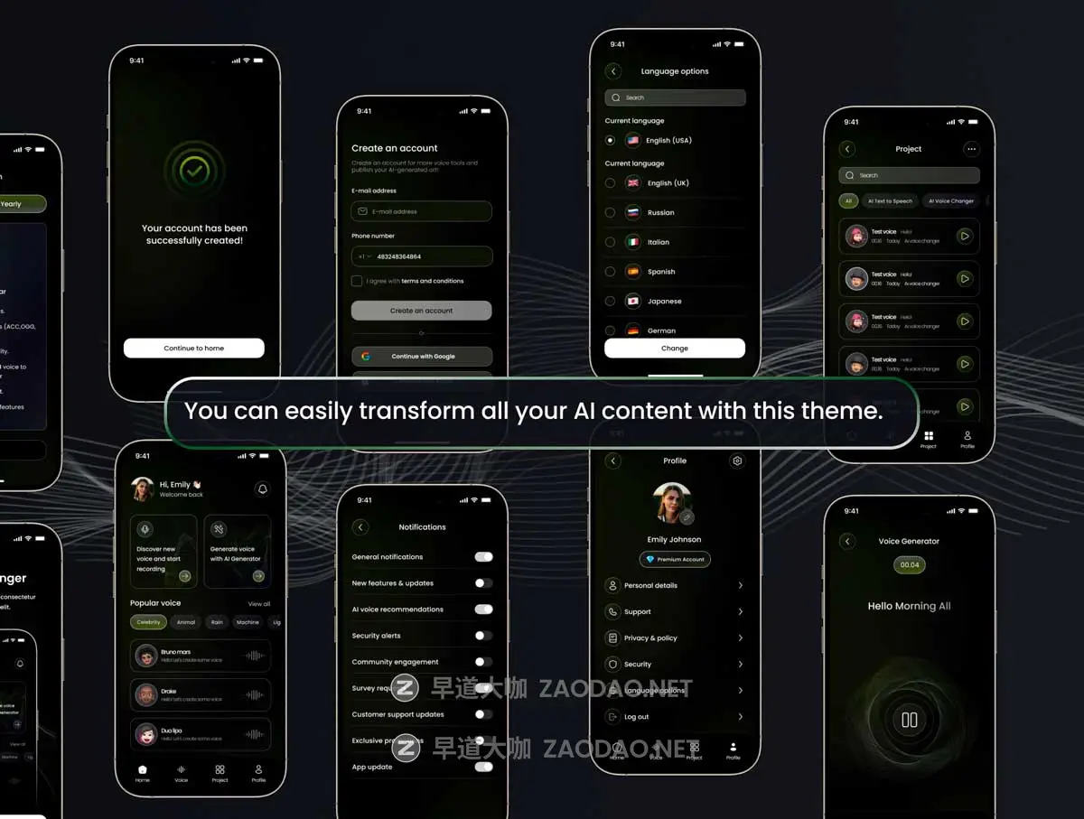 40+屏暗黑AI智能语音生成器翻译APP UI界面设计Figma模板套件 Voice Verse – AI Generator – UI Kit插图2 40+屏暗黑AI智能语音生成器翻译APP UI界面设计Figma模板套件 Voice Verse – AI Generator – UI Kit插图2