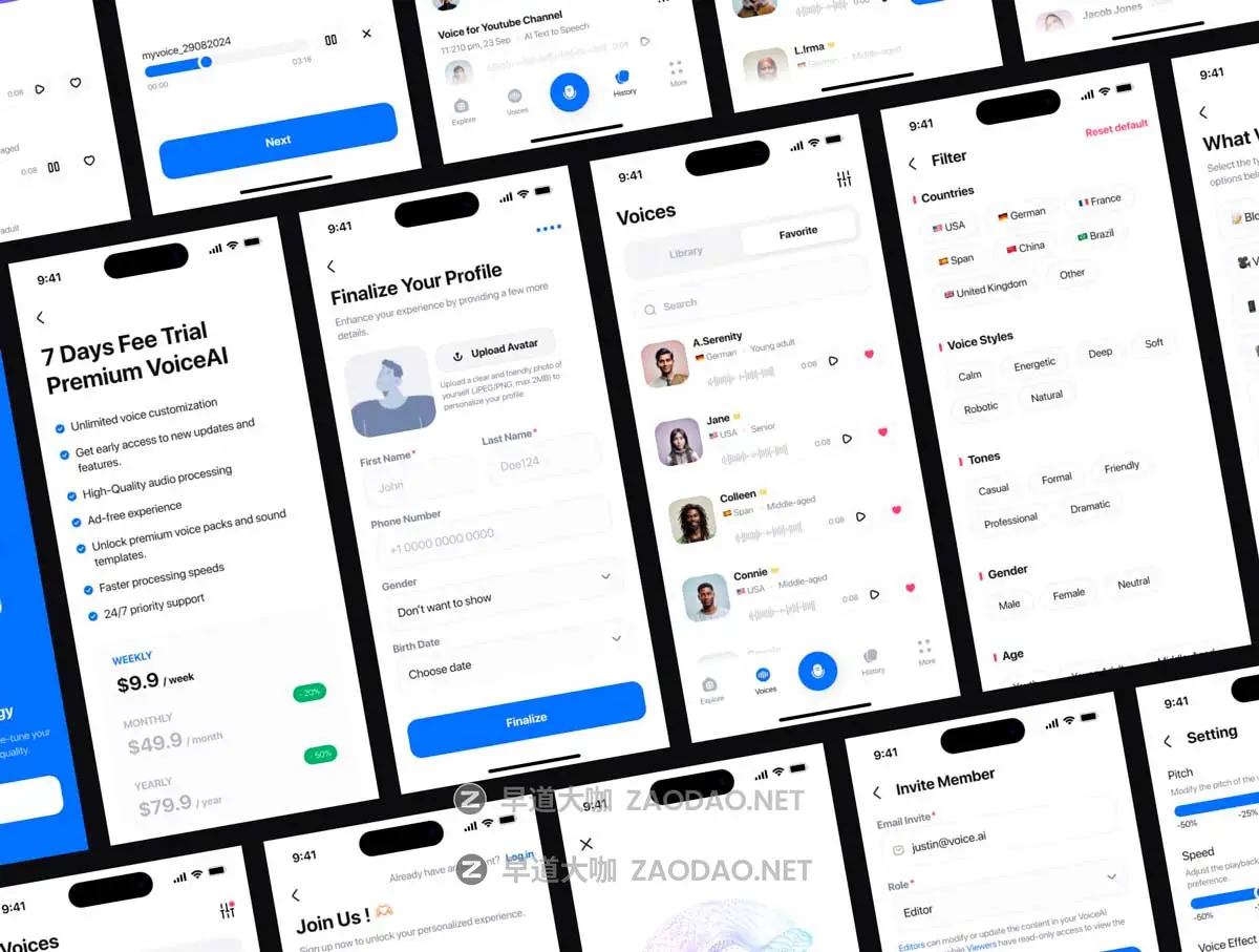 200+屏高级AI语音生成器智能翻译APP软件UI界面设计Figma模板套件 VoiceAI – AI Voice Generator UI Kit插图5 200+屏高级AI语音生成器智能翻译APP软件UI界面设计Figma模板套件 VoiceAI – AI Voice Generator UI Kit插图5