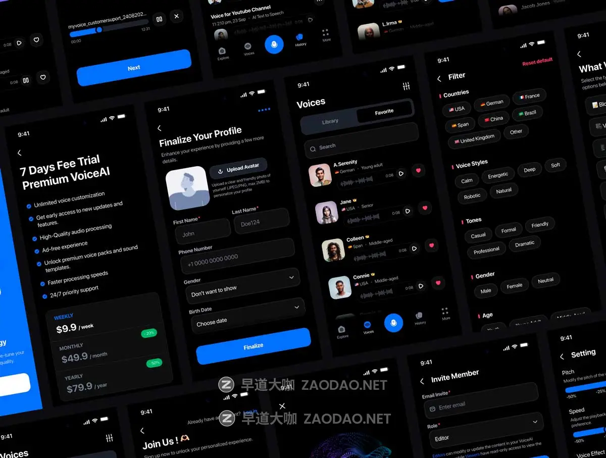 200+屏高级AI语音生成器智能翻译APP软件UI界面设计Figma模板套件 VoiceAI – AI Voice Generator UI Kit插图4 200+屏高级AI语音生成器智能翻译APP软件UI界面设计Figma模板套件 VoiceAI – AI Voice Generator UI Kit插图4