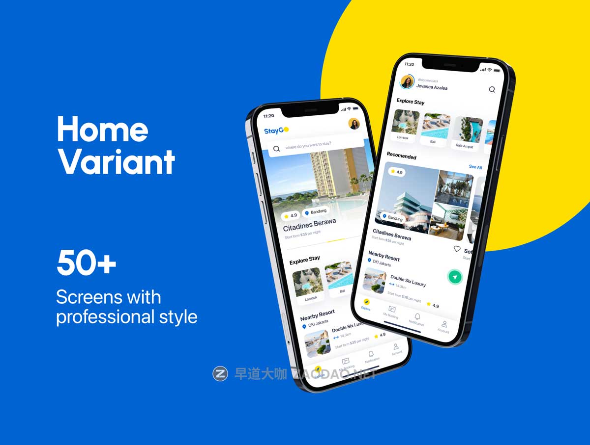 50+屏专业极简酒店民宿旅馆在线预订APP软件界面UI设计模板套件 StayGo Staycation and Hotel Booking插图1