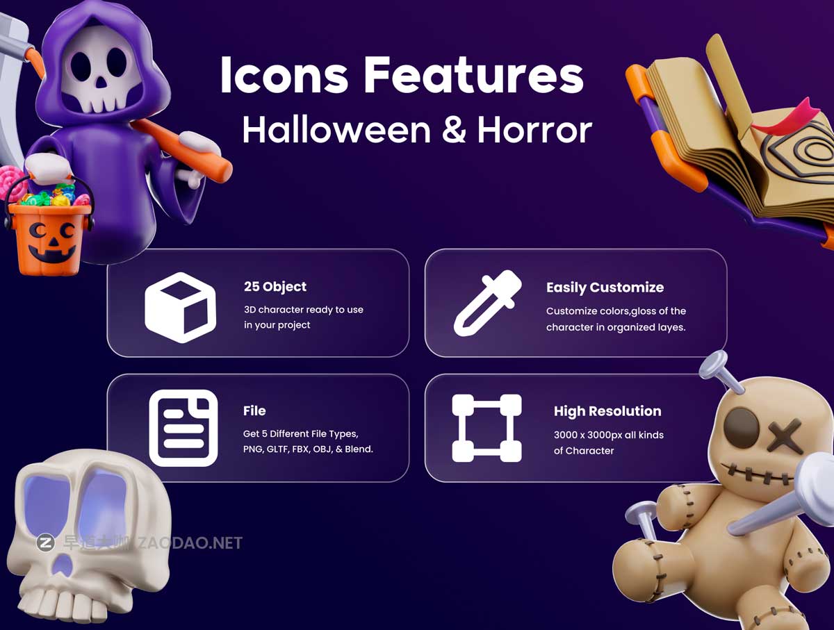 20款卡通趣味恐怖万圣节骷髅南瓜3D图标Icons设计Blender/PNG/OBJ/FBX格式素材 Halloween and Horror 3D Icon Pack插图2 20款卡通趣味恐怖万圣节骷髅南瓜3D图标Icons设计Blender/PNG/OBJ/FBX格式素材 Halloween and Horror 3D Icon Pack插图2