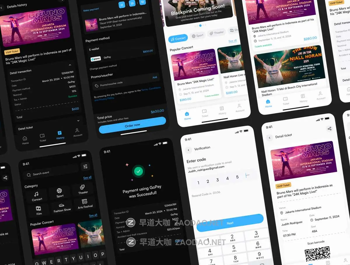 100+屏双配色音乐会体育赛事电影票票务预订软件APP UI界面设计Figma模板套件 Booking Ticket Event App – UI Kit插图6 100+屏双配色音乐会体育赛事电影票票务预订软件APP UI界面设计Figma模板套件 Booking Ticket Event App – UI Kit插图6