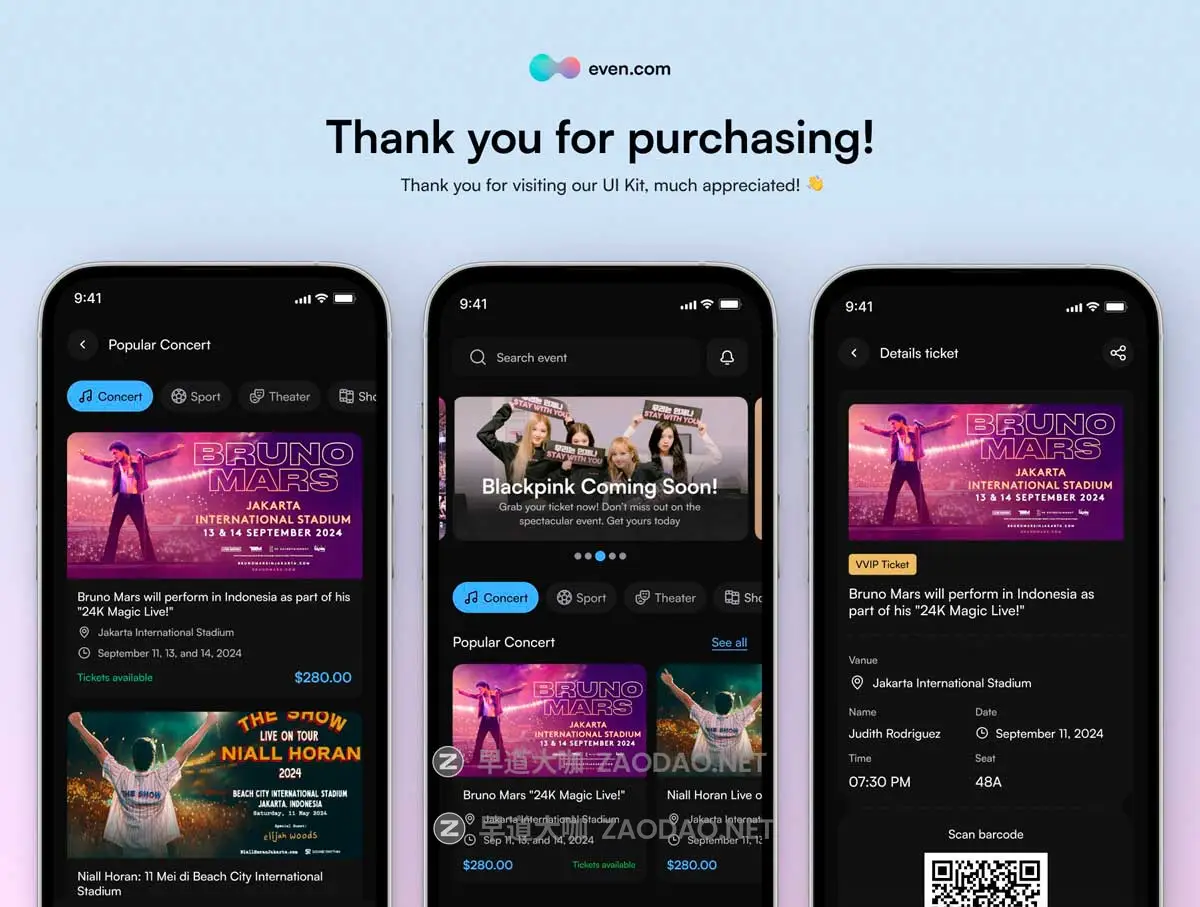 100+屏双配色音乐会体育赛事电影票票务预订软件APP UI界面设计Figma模板套件 Booking Ticket Event App – UI Kit插图7 100+屏双配色音乐会体育赛事电影票票务预订软件APP UI界面设计Figma模板套件 Booking Ticket Event App – UI Kit插图7