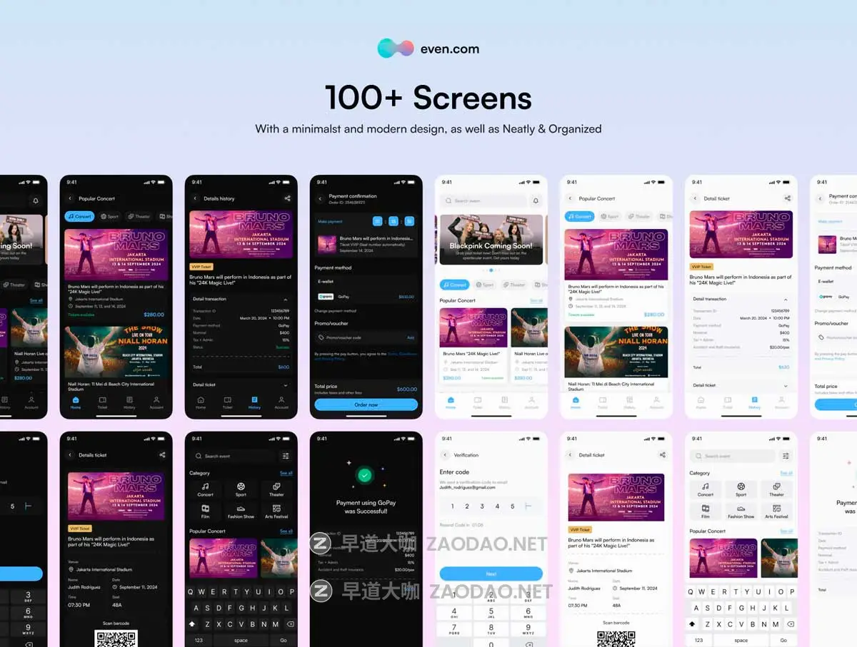 100+屏双配色音乐会体育赛事电影票票务预订软件APP UI界面设计Figma模板套件 Booking Ticket Event App – UI Kit插图5 100+屏双配色音乐会体育赛事电影票票务预订软件APP UI界面设计Figma模板套件 Booking Ticket Event App – UI Kit插图5