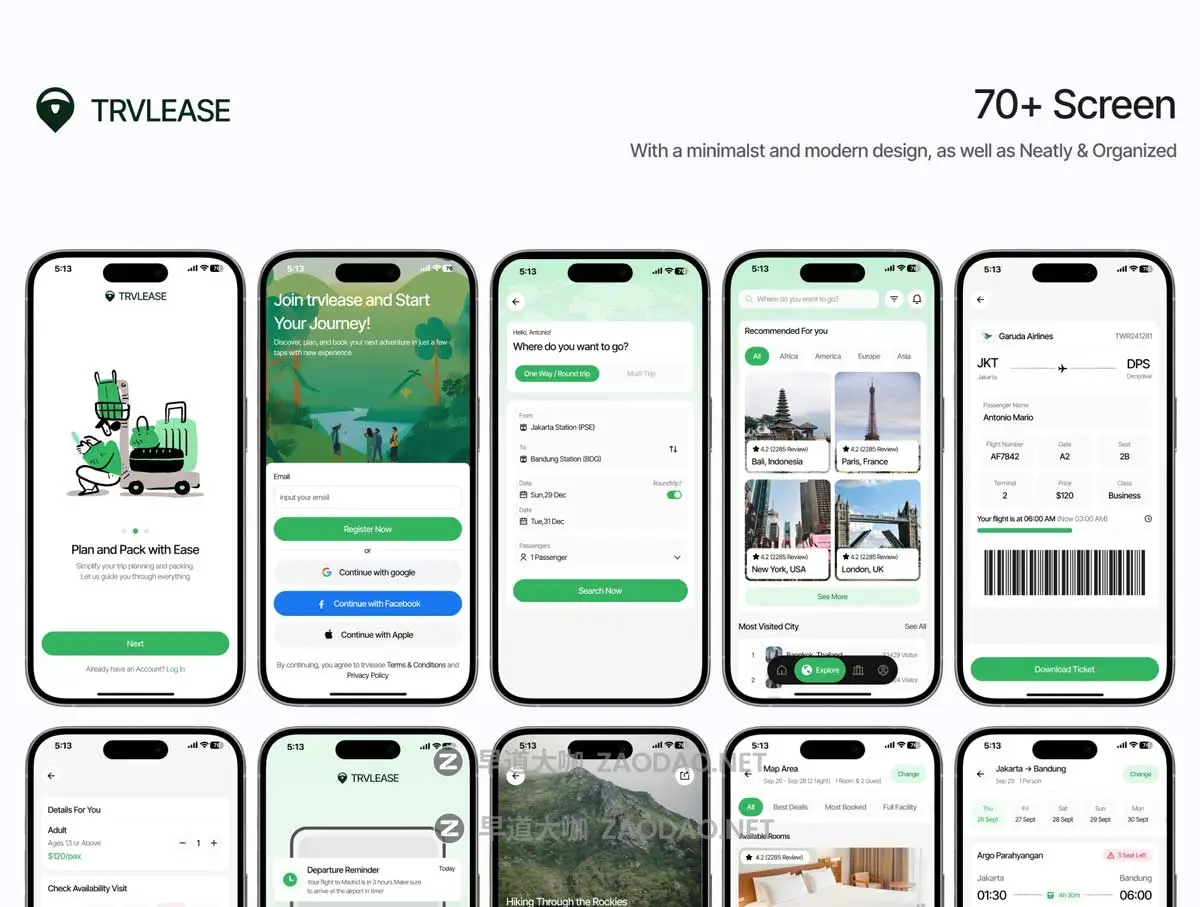 70+屏时尚旅游旅行社航班酒店路线预订APP UI界面设计Figma模板套件 TRVLEASE – Travel Mobile App UI Kit插图4 70+屏时尚旅游旅行社航班酒店路线预订APP UI界面设计Figma模板套件 TRVLEASE – Travel Mobile App UI Kit插图4