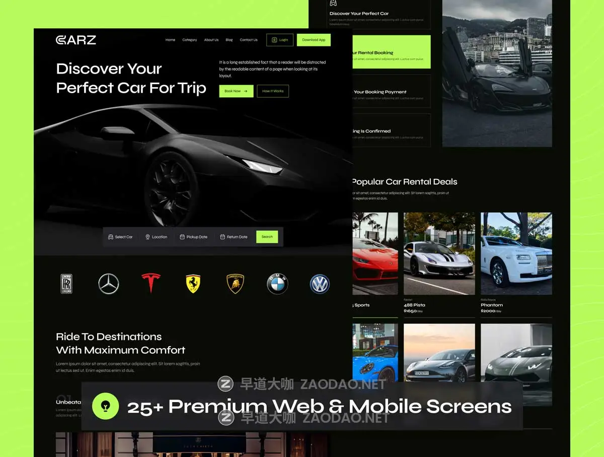 25屏暗黑风格响应式汽车租赁出租车网站WEB UI界面设计Figma模板套件素材 CARZ – Car Rental Website UI Kit插图4 25屏暗黑风格响应式汽车租赁出租车网站WEB UI界面设计Figma模板套件素材 CARZ – Car Rental Website UI Kit插图4