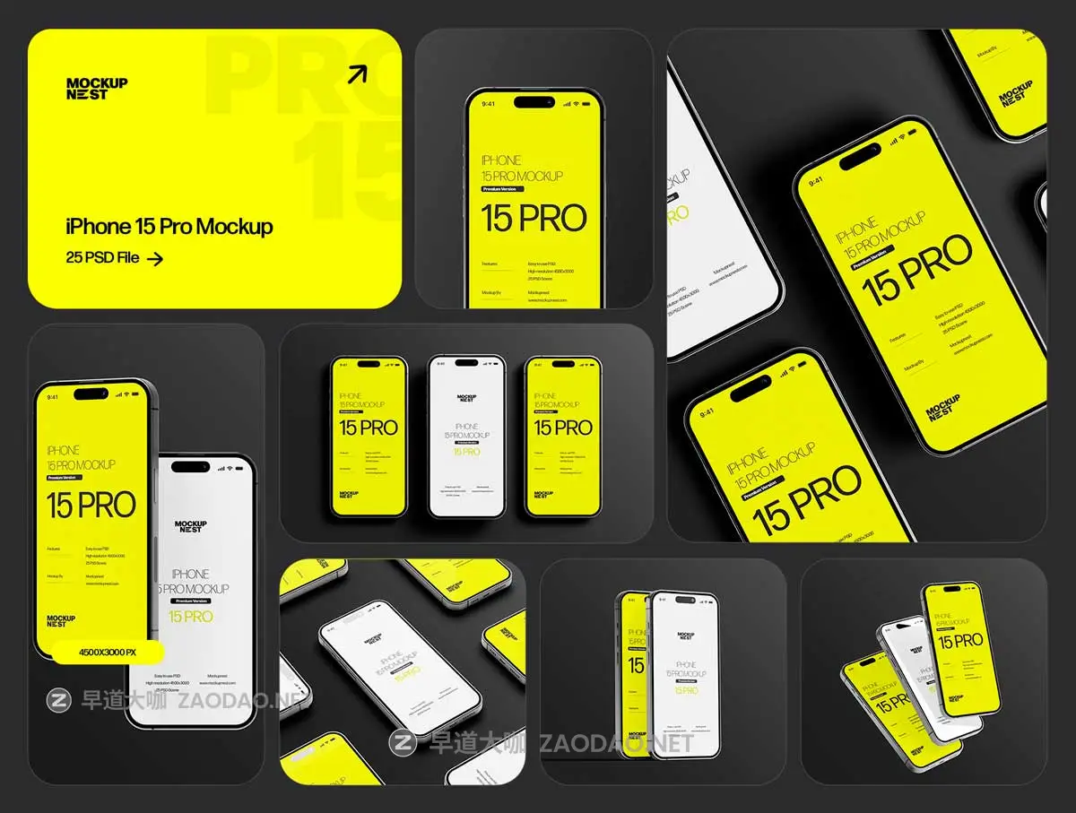 25款时尚简约app ui界面设计苹果iPhone15 Pro展示效果图Ps贴图样机模板 iPhone 15 Pro Mockup Set插图2 25款时尚简约app ui界面设计苹果iPhone15 Pro展示效果图Ps贴图样机模板 iPhone 15 Pro Mockup Set插图2