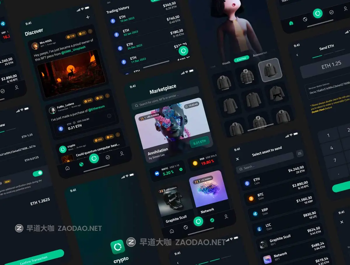 21屏暗黑金融科技加密货币电子钱包理财财务管理APP UI界面设计Figma模板套件 Crypto – Wallet App UI Kit插图5 21屏暗黑金融科技加密货币电子钱包理财财务管理APP UI界面设计Figma模板套件 Crypto – Wallet App UI Kit插图5