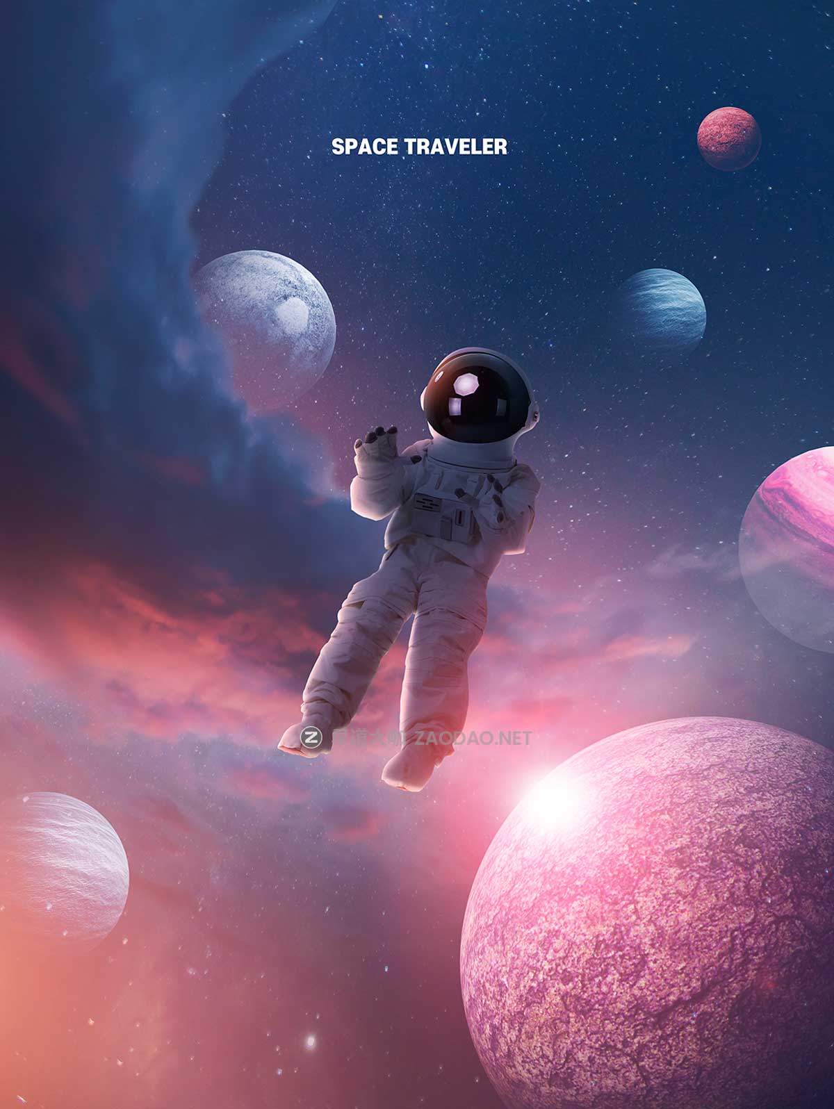 16款未来科幻太空宇宙行星宇航员主视觉KV海报设计PSD模板素材源文件 Astronaut In Space Sale Poster Template插图3