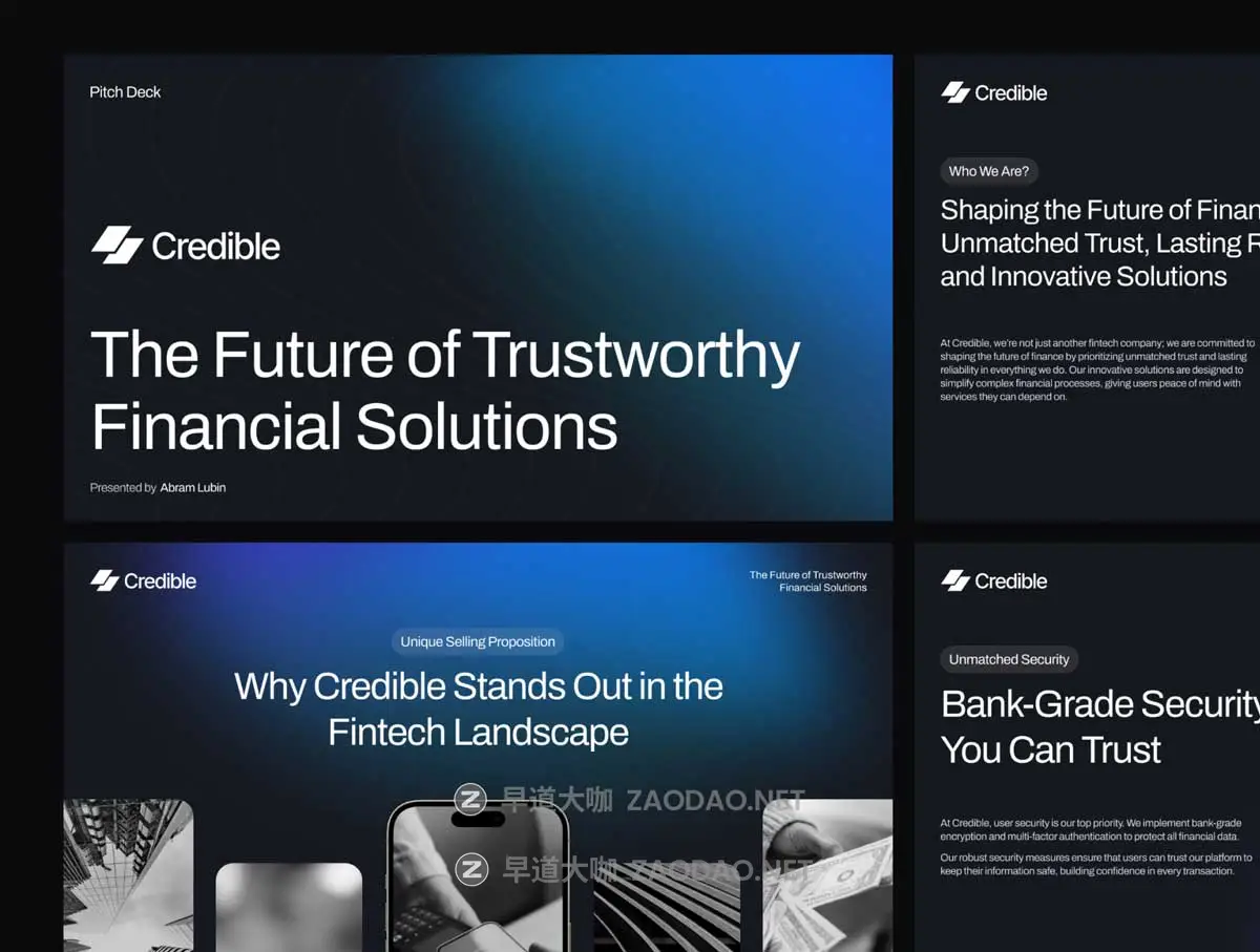 25页极简创意金融科技品牌宣传提案演示文稿幻灯片设计PPT/Figma模板素材 Credible – Fintech Deck Presentation插图3 25页极简创意金融科技品牌宣传提案演示文稿幻灯片设计PPT/Figma模板素材 Credible – Fintech Deck Presentation插图3