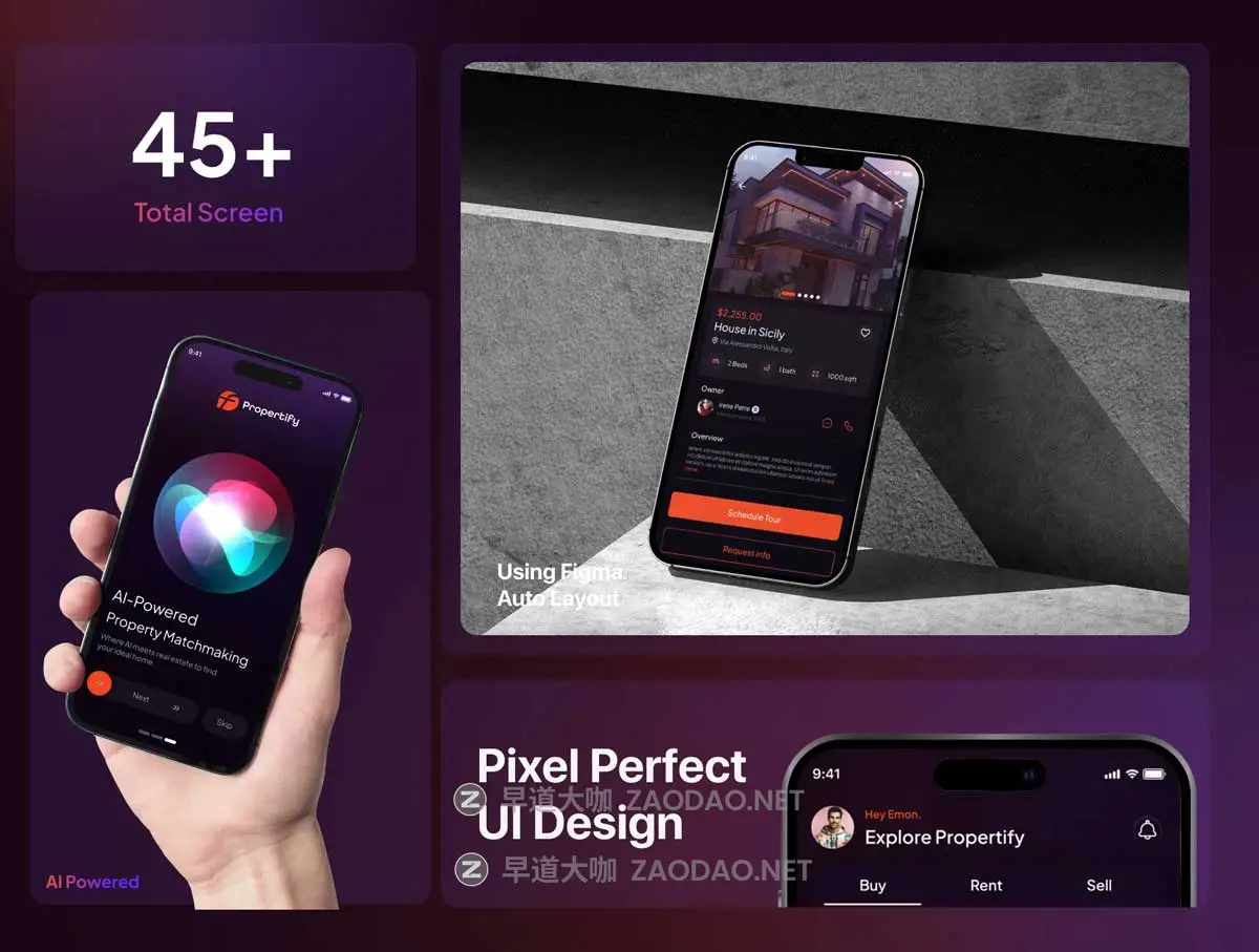 45+屏高级双配色Ai智能房地产房屋出售租赁软件APP UI界面设计Figma模板 Ai Powered Propertify Real Estate Marketplace App UI Kit插图2 45+屏高级双配色Ai智能房地产房屋出售租赁软件APP UI界面设计Figma模板 Ai Powered Propertify Real Estate Marketplace App UI Kit插图2