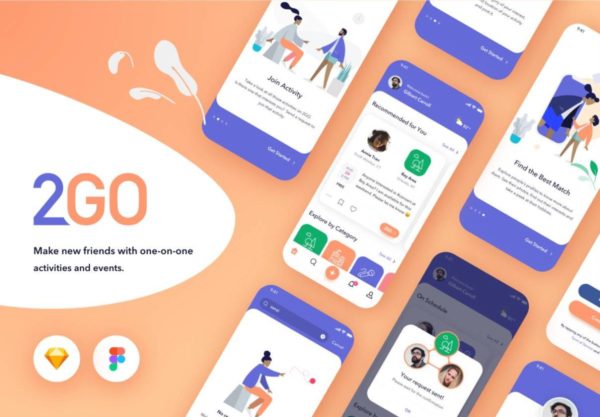 50屏双配色旅行交友社交app应用程序ui界面设计figma/sketch模板套件 2GO Social App UI Kit