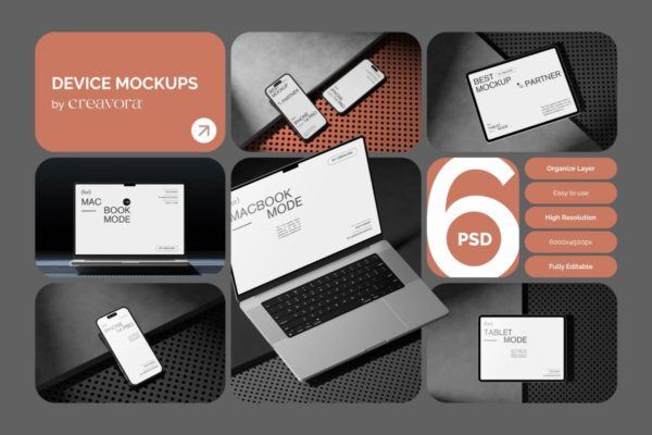 时尚工业风UI界面设计苹果iPhone手机iPad平板MacBook电脑展示样机PSD模板素材 Modern Device Mockups Scene