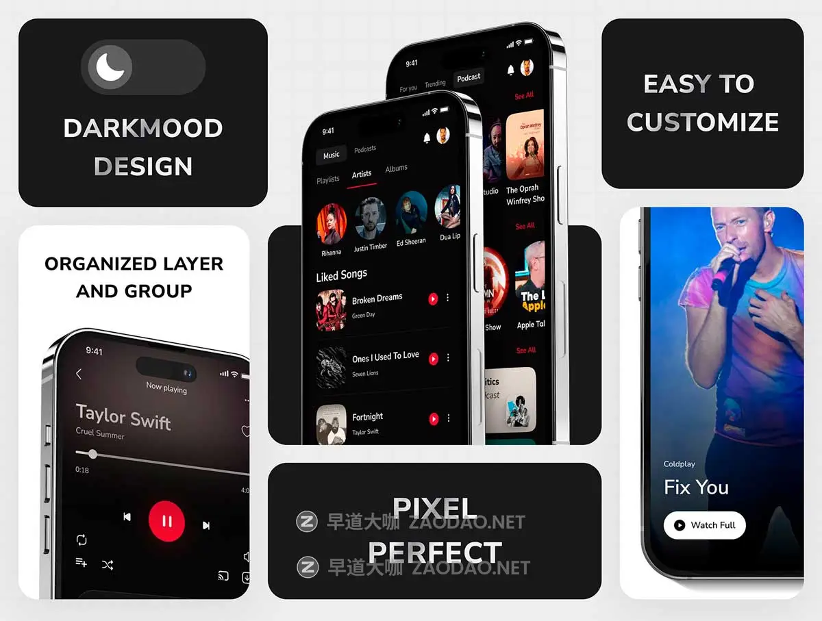 40+屏暗黑音乐流媒体播放器软件APP UI界面设计Figma模板套件素材 Music Streaming Mobile App UI Kits插图3 40+屏暗黑音乐流媒体播放器软件APP UI界面设计Figma模板套件素材 Music Streaming Mobile App UI Kits插图3