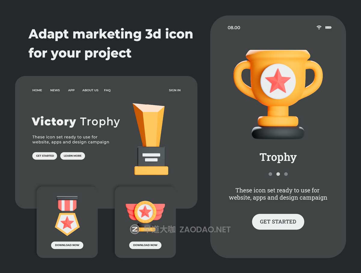 25款质感3D立体胜利徽章徽标奖杯图标Icons设计Blender/PNG格式素材 Victory Awards 3d Icon Illustration插图5