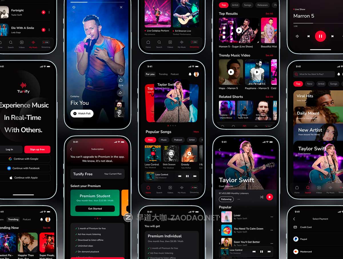 40+屏暗黑音乐流媒体播放器软件APP UI界面设计Figma模板套件素材 Music Streaming Mobile App UI Kits插图5
