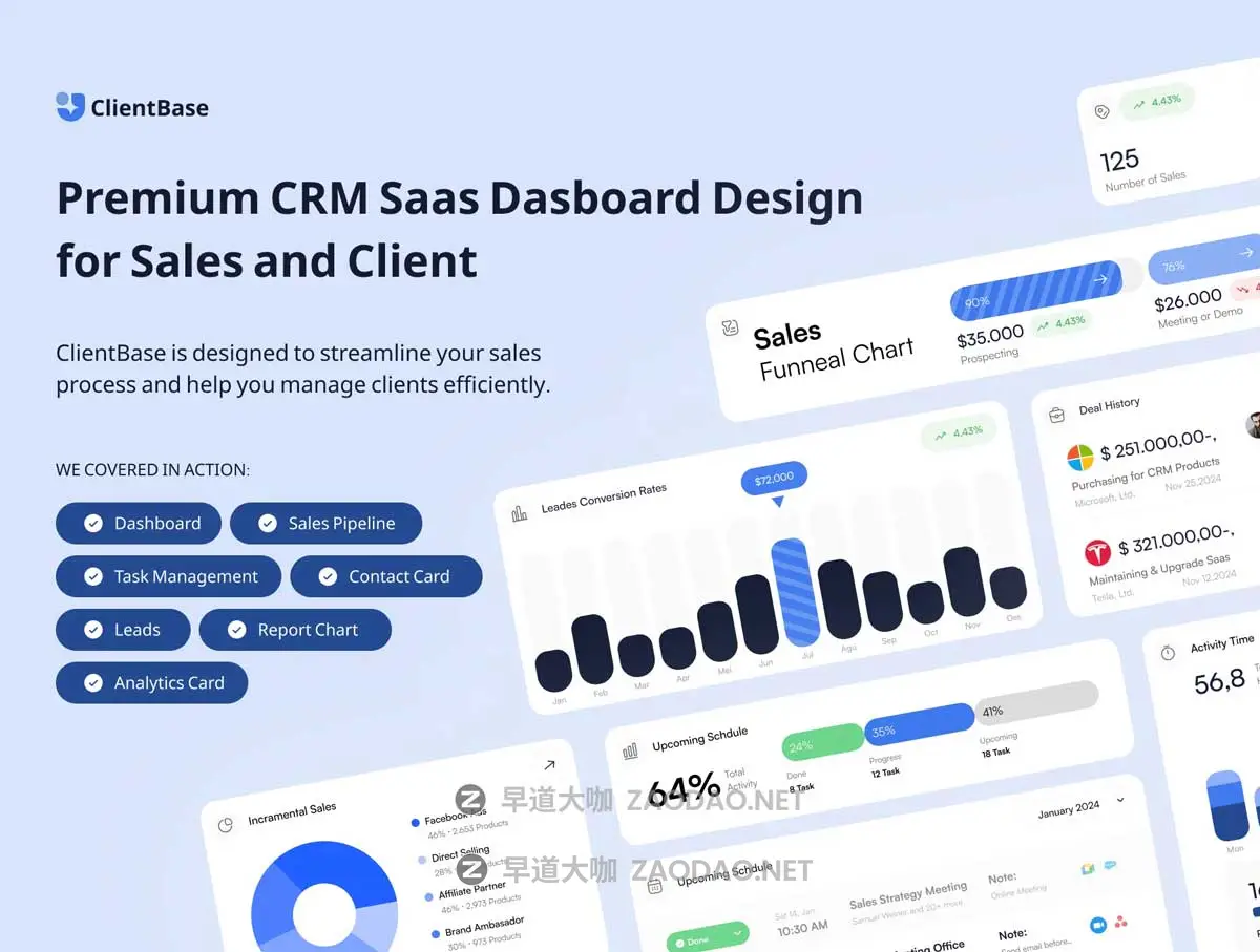30+屏双配色CRM管理系统销售数据分析仪表盘WEB UI界面设计Figma模板套件 ClientBase – CRM Dashboard UI Kit插图2 30+屏双配色CRM管理系统销售数据分析仪表盘WEB UI界面设计Figma模板套件 ClientBase – CRM Dashboard UI Kit插图2