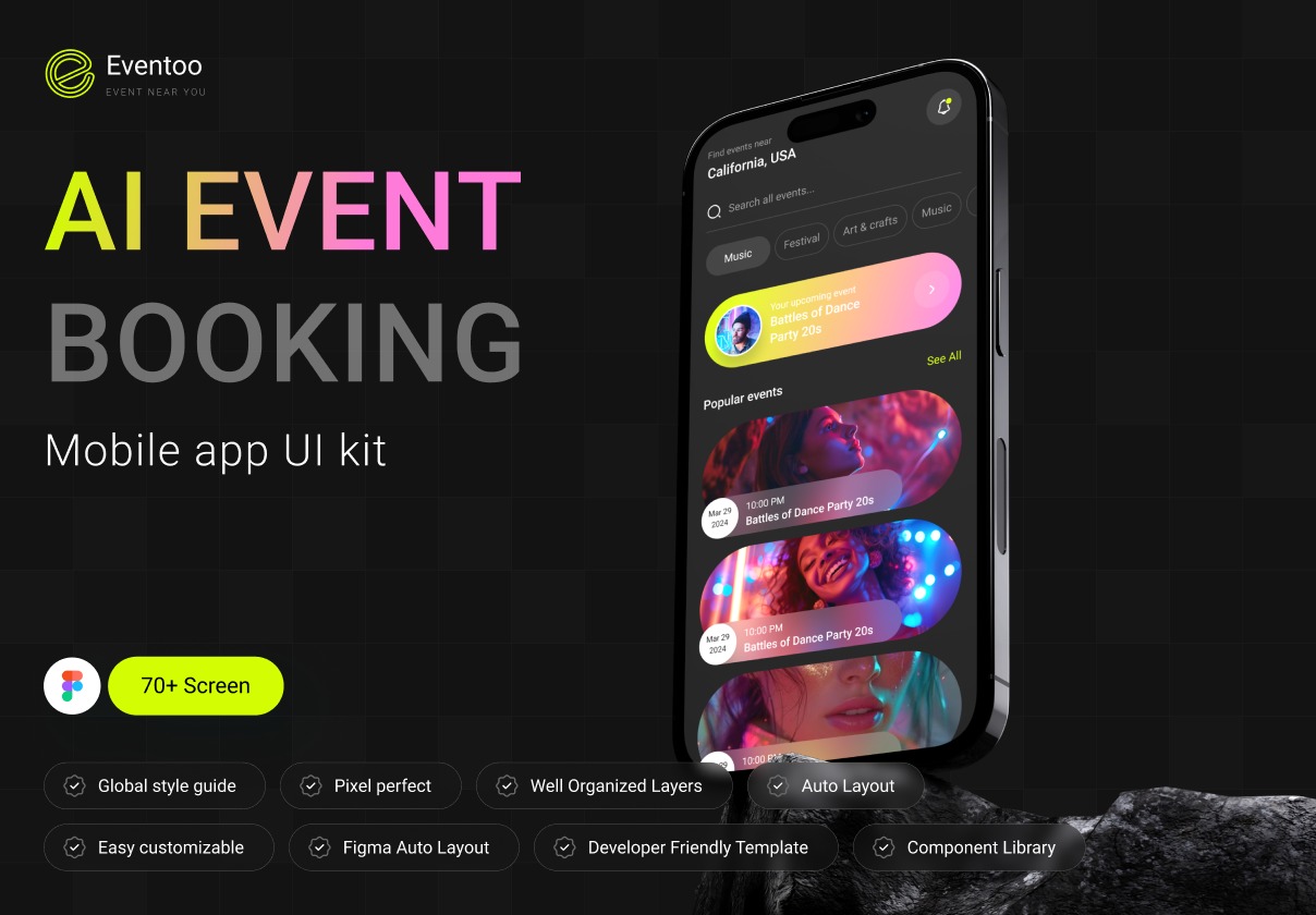 70+屏暗黑系活动音乐电影票AI智能聊天预订购买APP UI界面设计Figma模板套件 Eventoo- The AI-Powered Event Booking App UI Kit插图