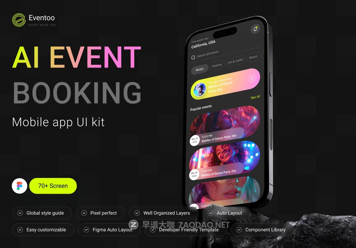 70+屏暗黑系活动音乐电影票AI智能聊天预订购买APP UI界面设计Figma模板套件 Eventoo- The AI-Powered Event Booking App UI Kit插图 70+屏暗黑系活动音乐电影票AI智能聊天预订购买APP UI界面设计Figma模板套件 Eventoo- The AI-Powered Event Booking App UI Kit插图