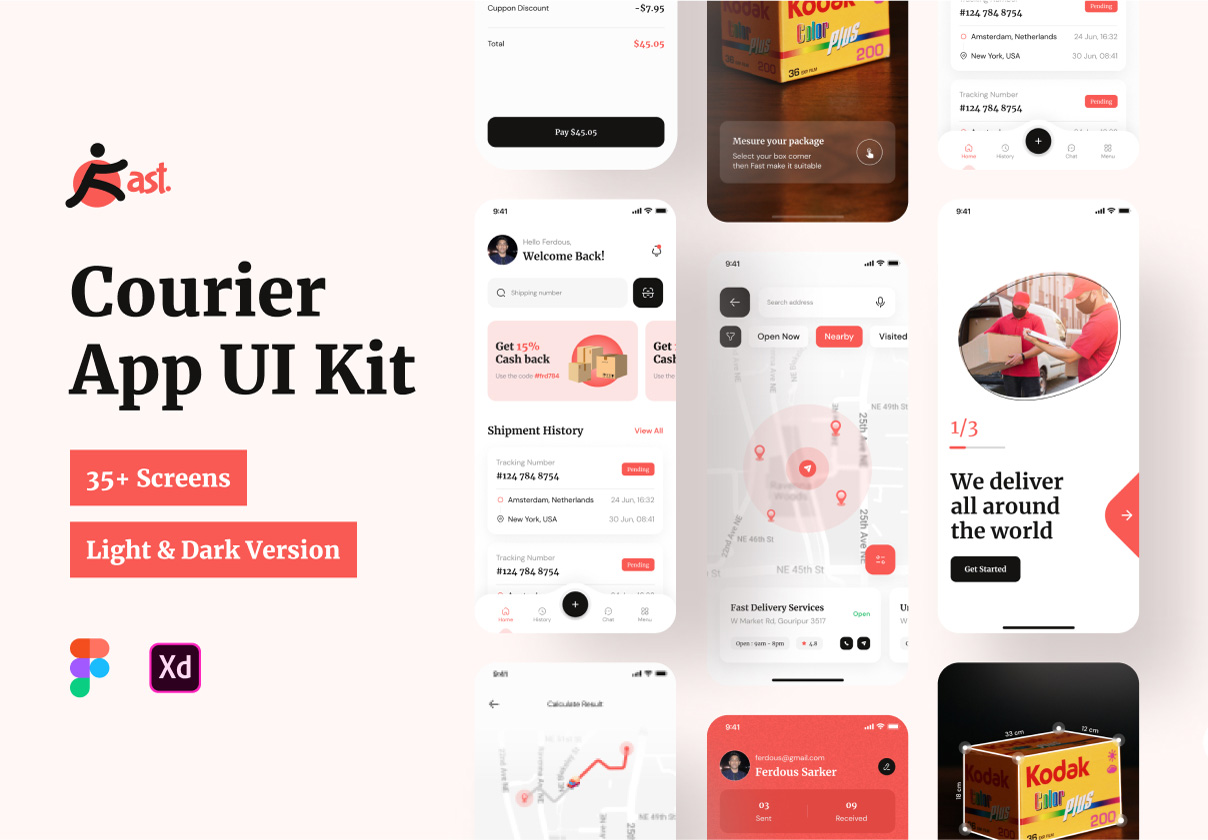 35+屏极简快递物流运输配送送货APP UI界面设计Figma模板套件 Fast Courier App插图