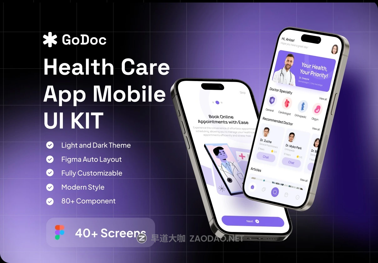40+屏双配色医疗保健健康医院软件APP UI界面设计Figma模板套件 GoDoc – Health Care App Mobile UI KIT插图 40+屏双配色医疗保健健康医院软件APP UI界面设计Figma模板套件 GoDoc – Health Care App Mobile UI KIT插图