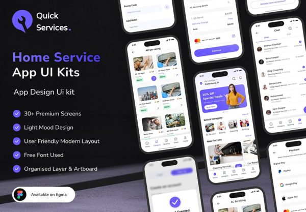 30+屏家具家电维修卫生清洁家政服务APP UI界面设计Figma模板套件 Home Services Mobile App UI Design