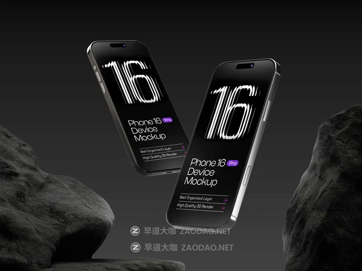 10款黑化风岩石背景UI界面设计苹果iPhone 16 Pro手机展示PS贴图样机模板 iPhone 16 Pro Mockups – 10 Scenes插图7 10款黑化风岩石背景UI界面设计苹果iPhone 16 Pro手机展示PS贴图样机模板 iPhone 16 Pro Mockups – 10 Scenes插图7