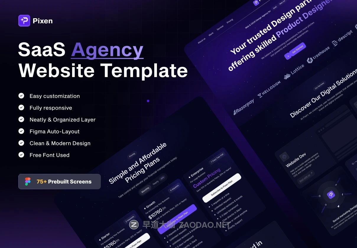 75+屏响应式暗黑系数字科技网络服务网站WEB UI界面设计Figma模板素材 Pixen – Digital Agency Website Template插图 75+屏响应式暗黑系数字科技网络服务网站WEB UI界面设计Figma模板素材 Pixen – Digital Agency Website Template插图