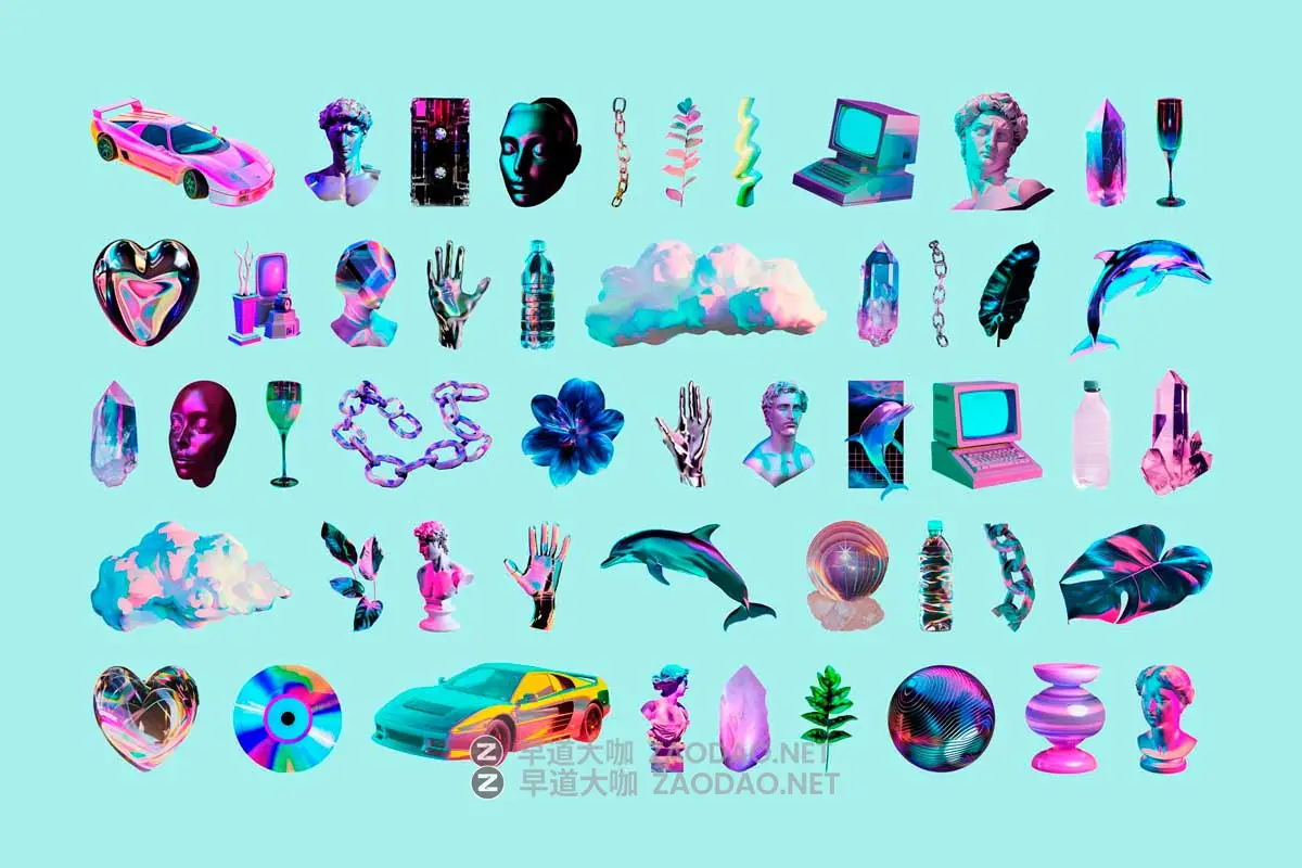 480+款超现实欧美赛博朋克蒸汽波雕像物品3D背景复古拼体剪贴画设计素材 Vaporwave Collage Kit插图4 480+款超现实欧美赛博朋克蒸汽波雕像物品3D背景复古拼体剪贴画设计素材 Vaporwave Collage Kit插图4