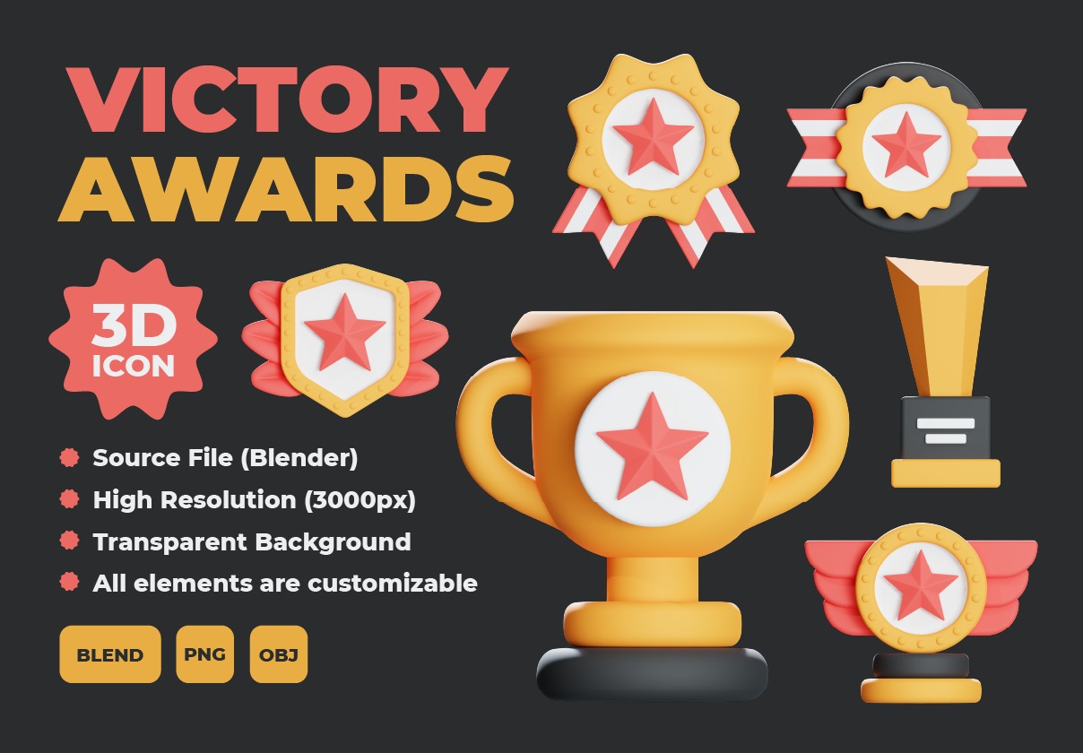 25款质感3D立体胜利徽章徽标奖杯图标Icons设计Blender/PNG格式素材 Victory Awards 3d Icon Illustration插图