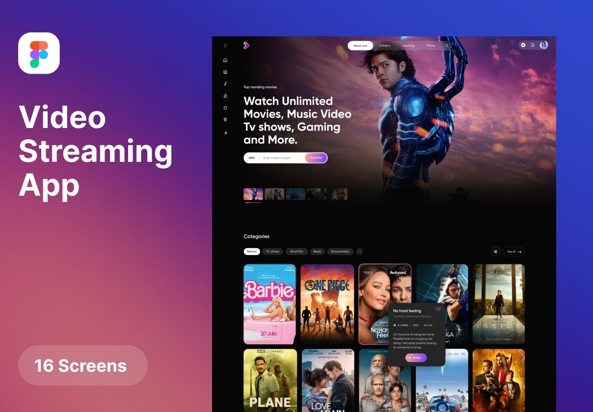 16屏暗黑系在线电影电视剧流媒体音乐网站WEB UI界面设计Figma模板素材 Video streaming web插图