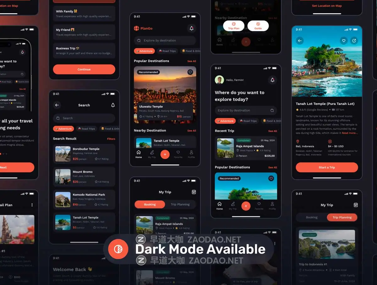 65+屏双配色AI智能旅行旅游路线规划景点航班旅馆预订APP UI界面设计Figma模板套件 PlanGo – AI Trip Planner Mobile App UI Kit插图3 65+屏双配色AI智能旅行旅游路线规划景点航班旅馆预订APP UI界面设计Figma模板套件 PlanGo – AI Trip Planner Mobile App UI Kit插图3