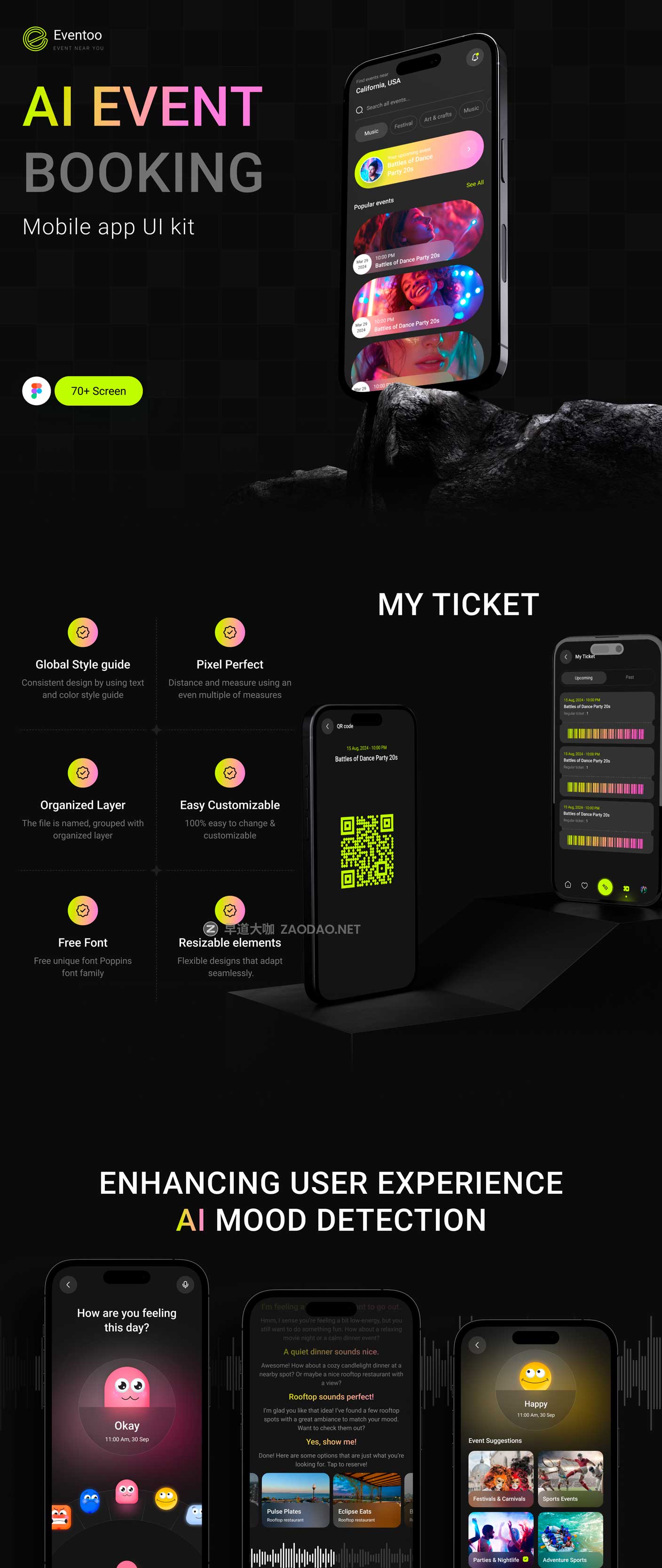 70+屏暗黑系活动音乐电影票AI智能聊天预订购买APP UI界面设计Figma模板套件 Eventoo- The AI-Powered Event Booking App UI Kit插图6