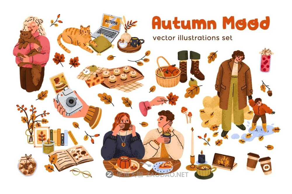 卡通风格秋天元素围巾袜子树叶蘑菇糕点手绘插画AI矢量设计素材 Cozy autumn mood set. Hygge fall vibes插图 卡通风格秋天元素围巾袜子树叶蘑菇糕点手绘插画AI矢量设计素材 Cozy autumn mood set. Hygge fall vibes插图