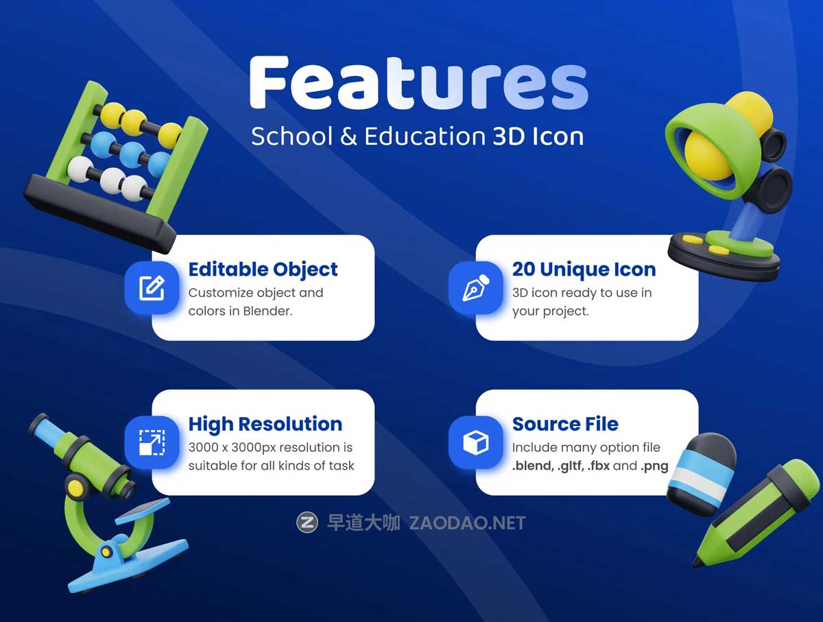 20款独特卡通儿童科学教育学习教学3D插图图标Icons设计Blender/PNG格式素材 School & Education 3D Icon Set插图1